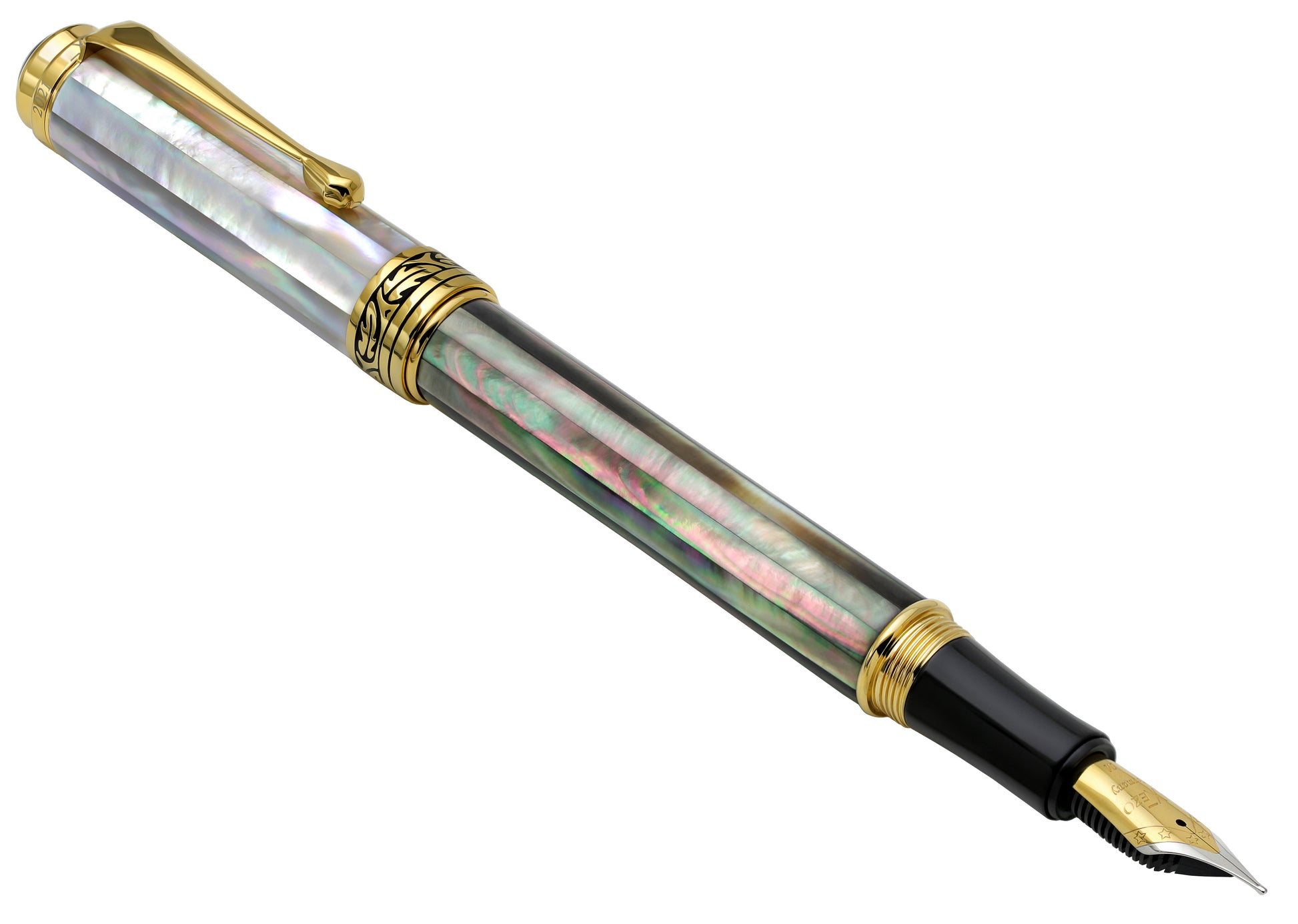 Xezo - Angled front view of the Maestro Black and White MOP FMG fountain pen, with the cap posted on the end of the barrel