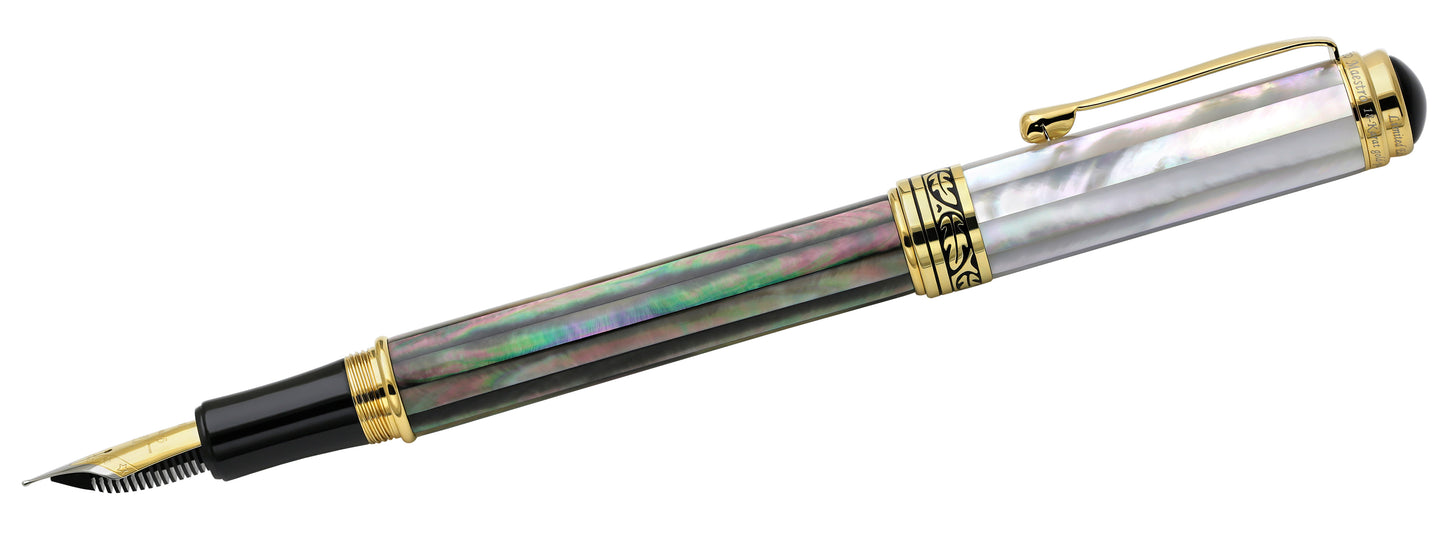 Xezo - Angled side view of the Maestro Black and White MOP FMG fountain pen, with the cap posted on the end of the barrel