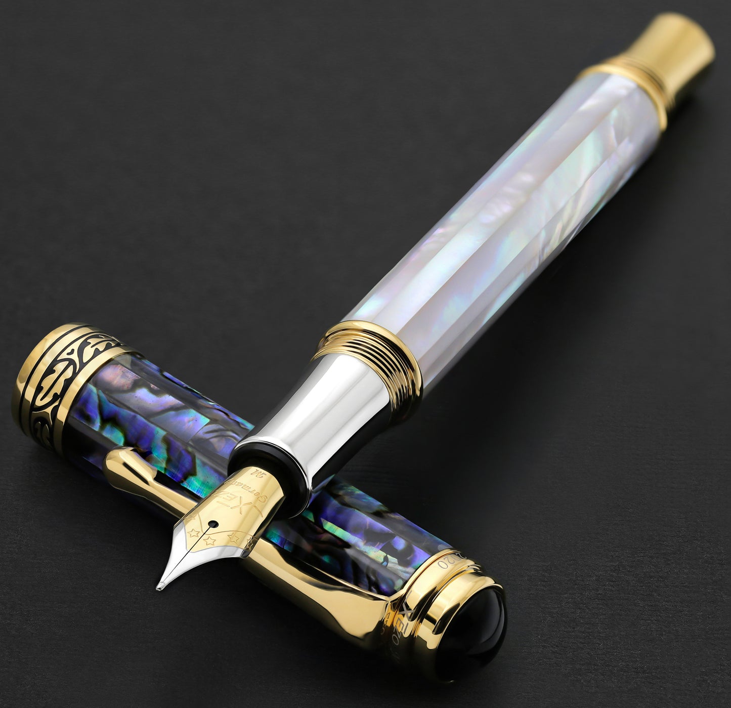 Xezo - Maestro MOP Sea Shell FM fountain pen resting on its cap