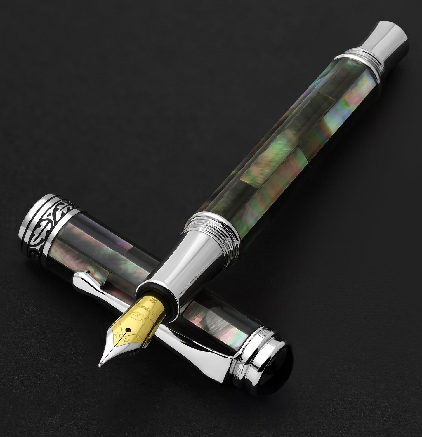 Xezo - Maestro Black Mother of Pearl FBP-M Fountain pen resting on its cap