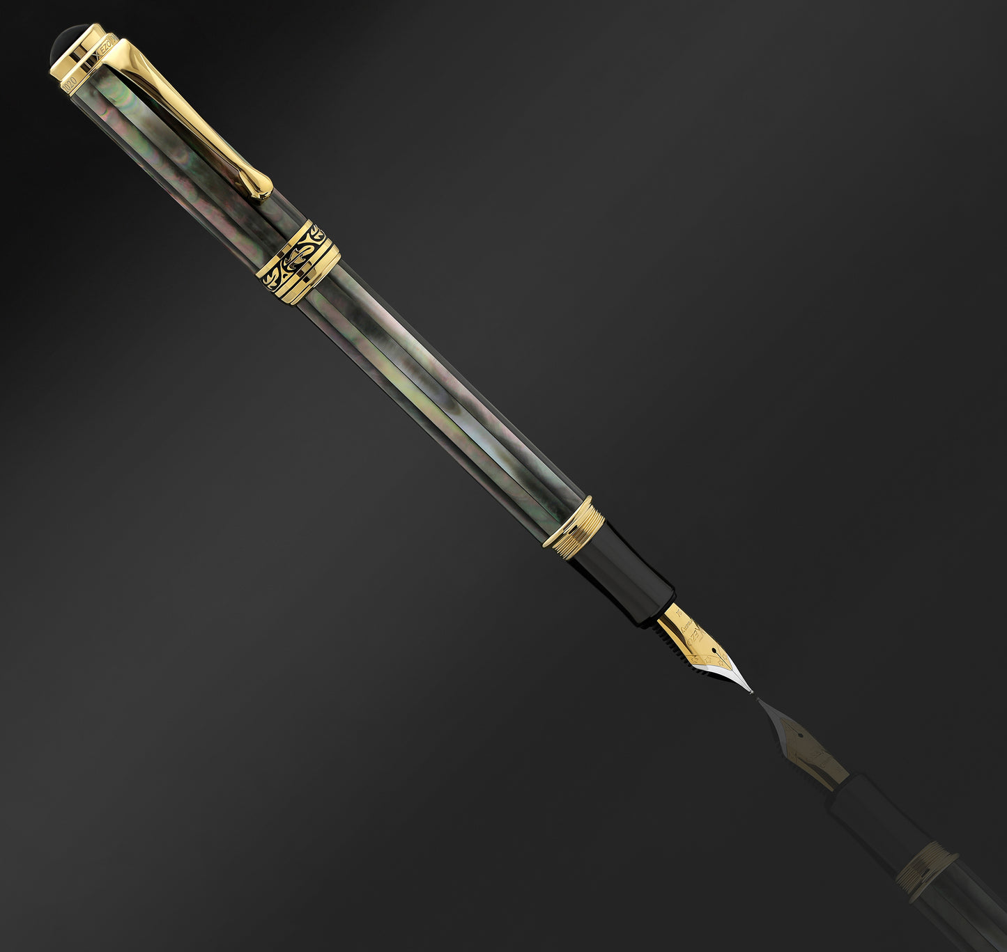 Xezo - 3/4 view of the Maestro Tahitian Black MOP FM fountain pen and its reflection on a glass surface