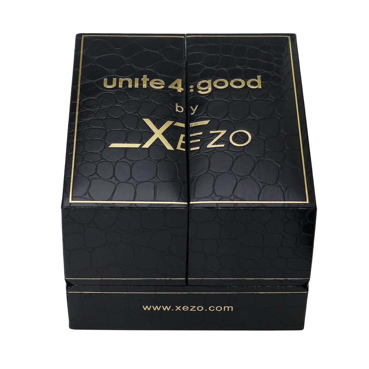 Xezo - Black gift box of the Air Commando D45-S watch with "unite 4 : good by Xezo" printed on top and "www.xezo.com" printed on the front