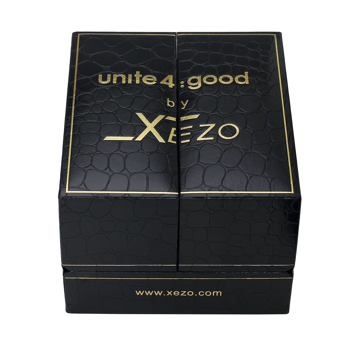 Xezo - Black gift box of the Air Commando D45-B watch with "unite 4: good by Xezo" printed on top and "www.xezo.com" printed on the front