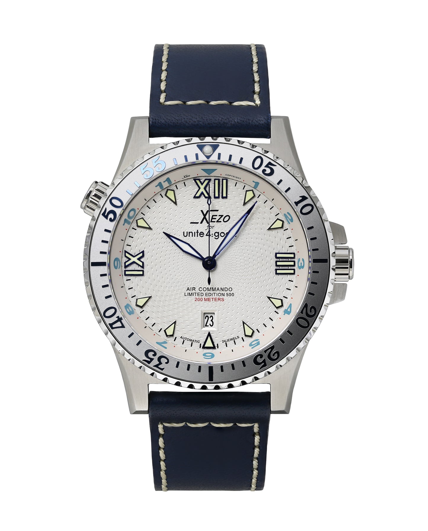Xezo - Front view of the Air Commando D45-SSL watch with black leather straps