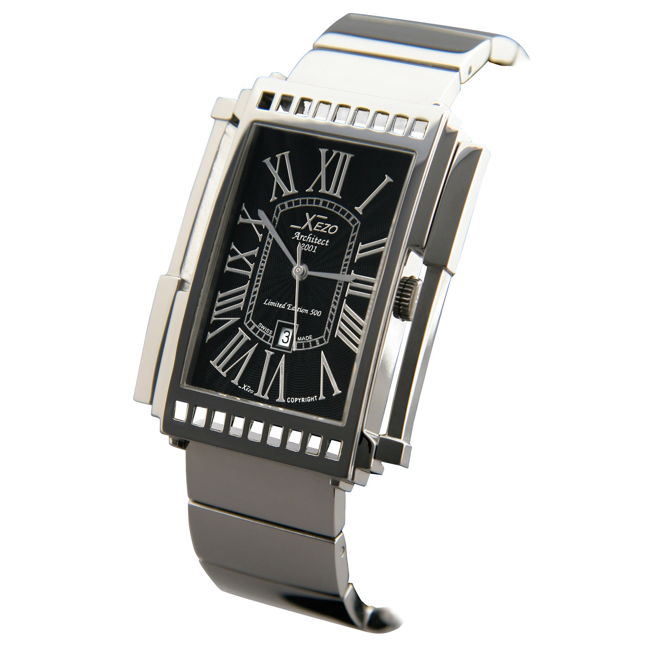 Xezo - Angled view of the front of the Architect 2001B Tank watch with stainless steel bracelet