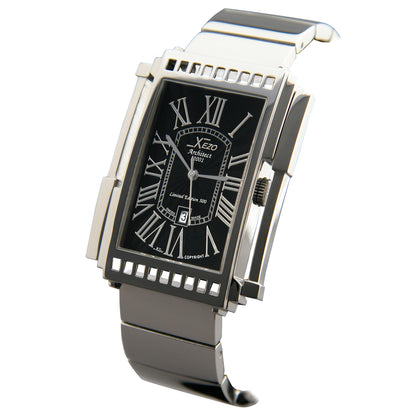 Xezo - Angled view of the front of the Architect 2001B Tank watch with stainless steel bracelet