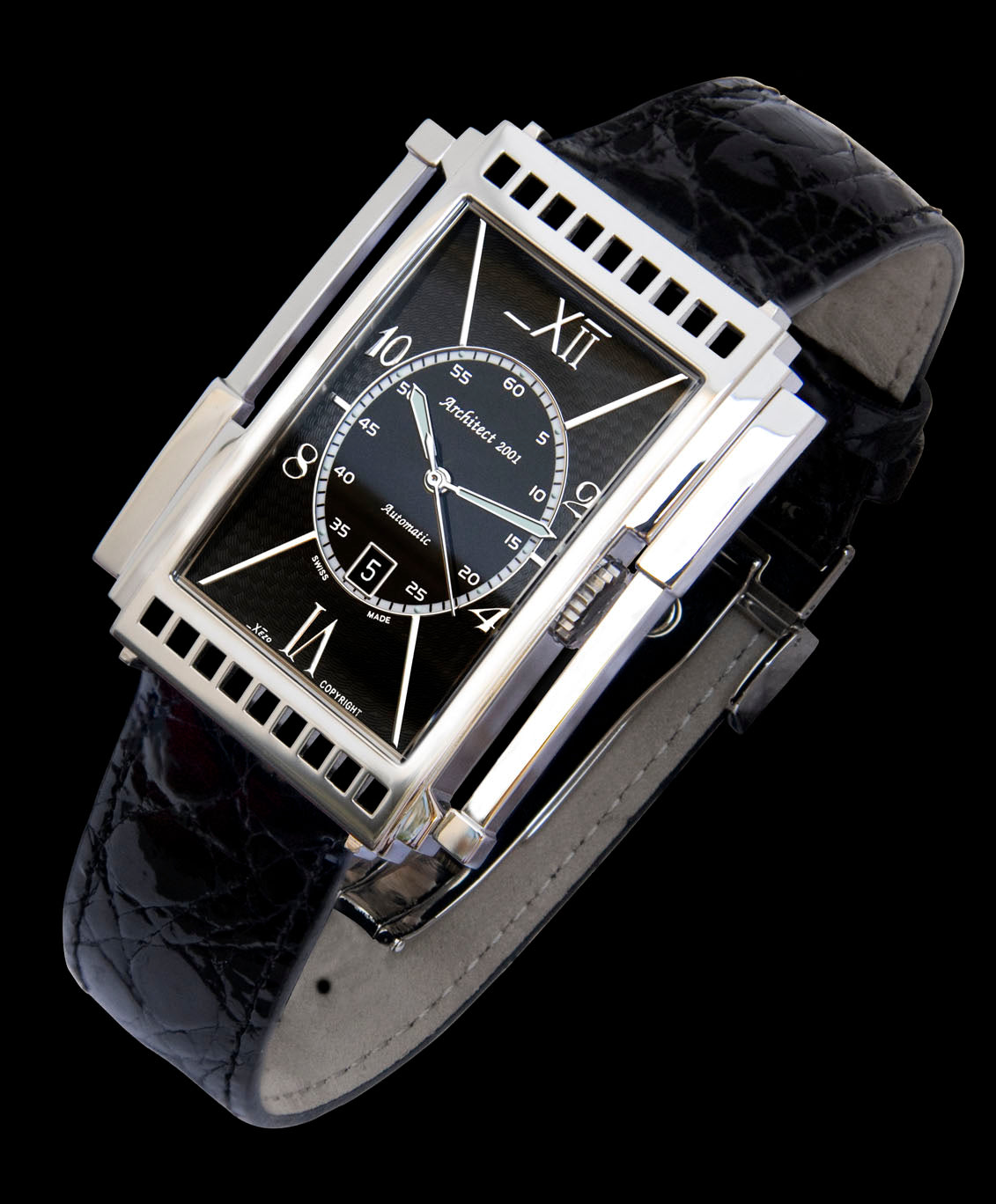 Xezo - Angled view of the front of the Architect 2001 BA Tank watch with black leather strap