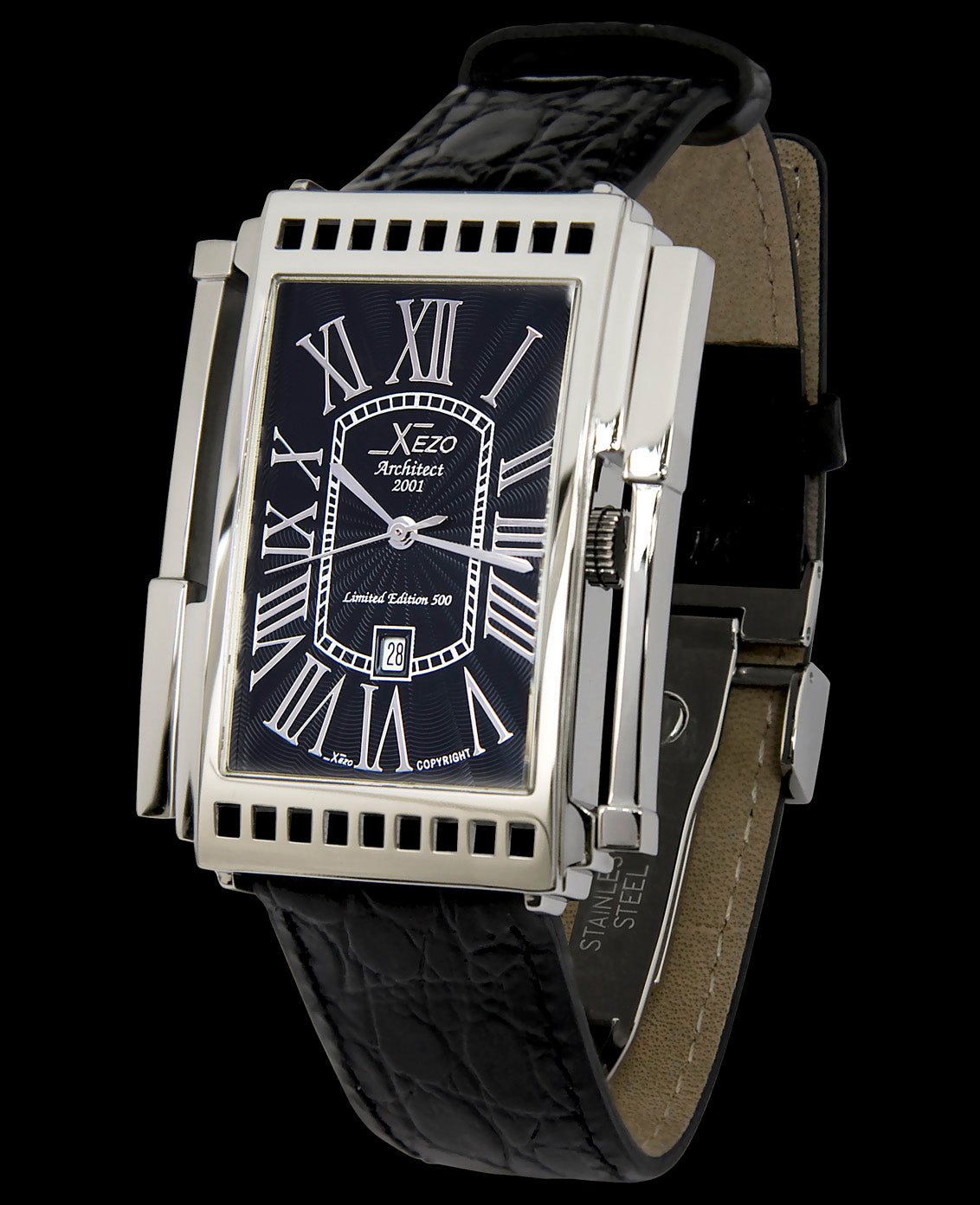 Xezo - Angled view of the front of the Architect 2001 BL watch with black leather strap