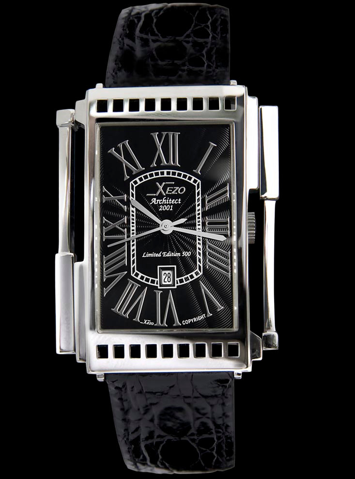 Xezo - Front view of the Architect 2001 BL watch with black leather strap