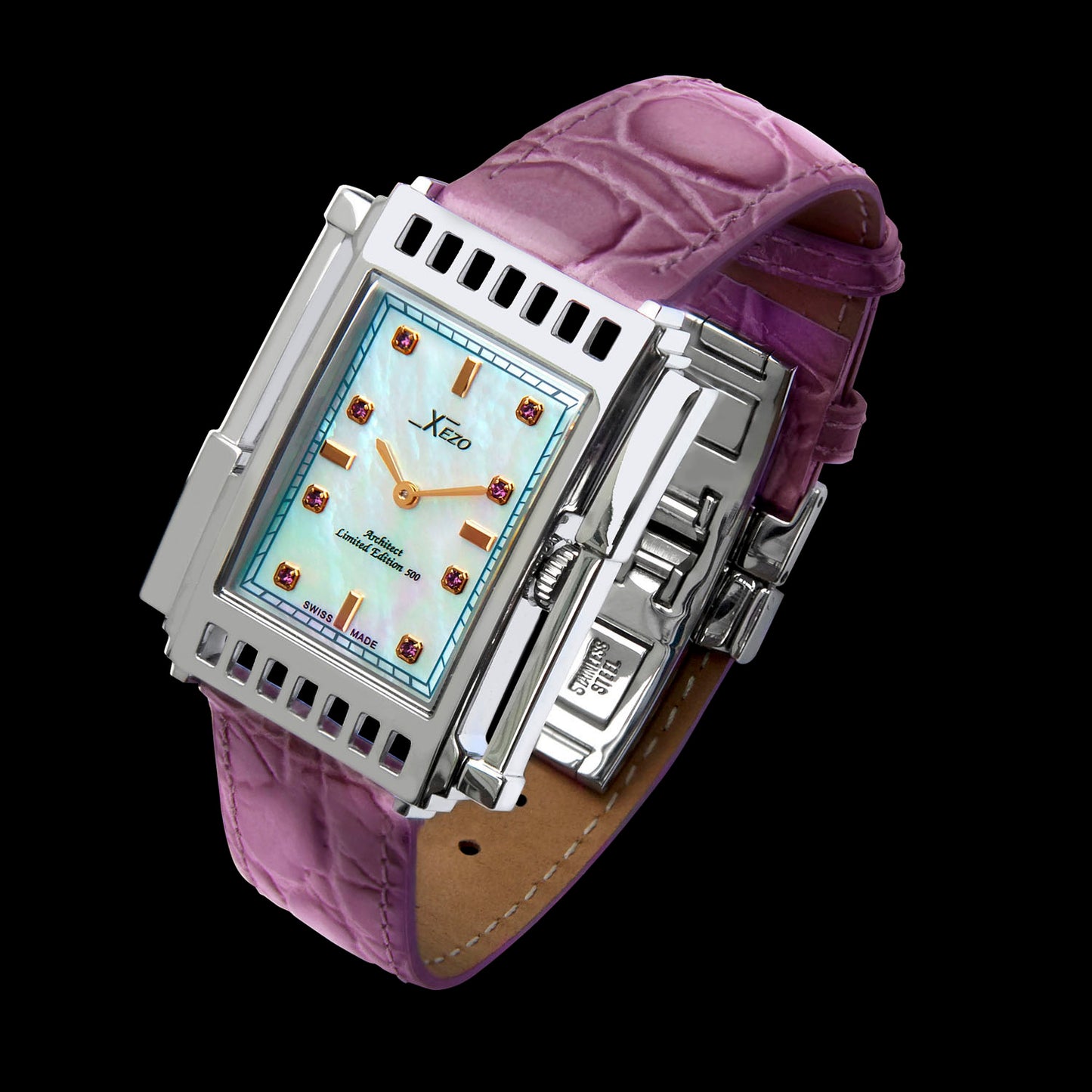 Xezo - Angled view of the front of the Architect 2001 LS Tank watch with leather strap