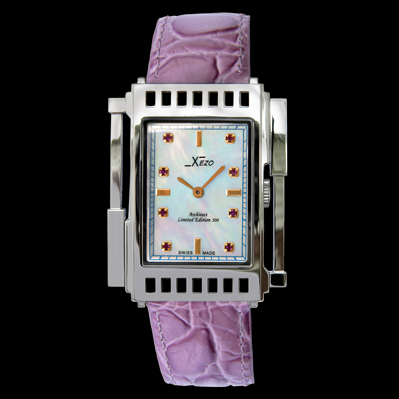 Xezo - Front view of the Architect 2001 LS Tank watch with leather strap