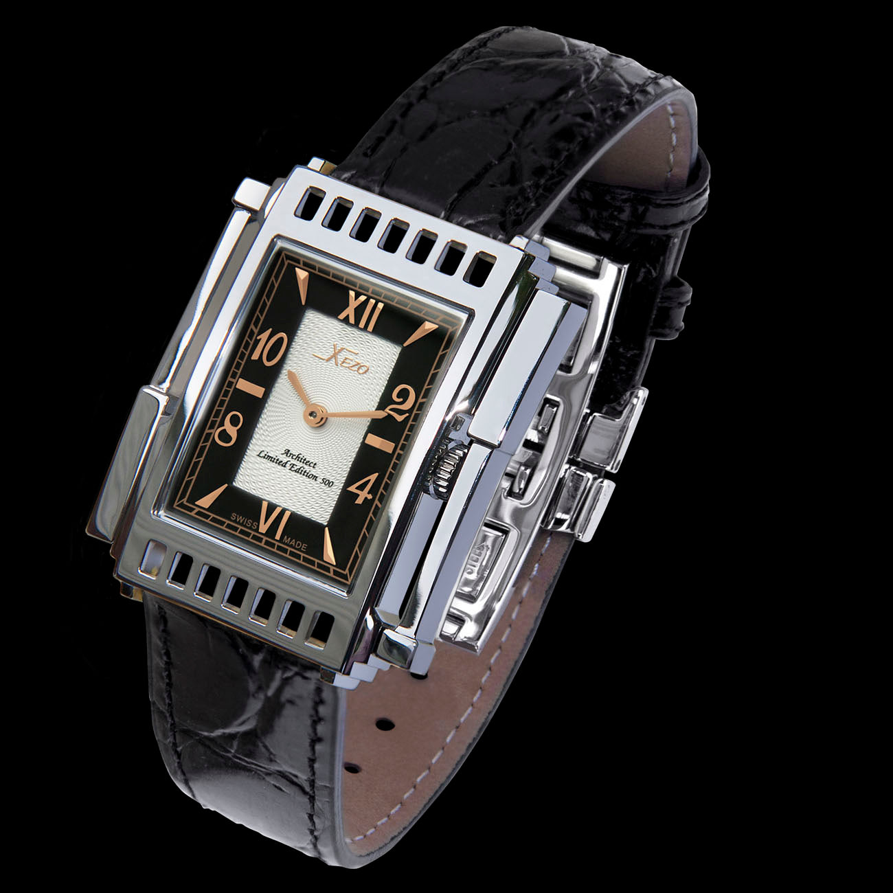 Xezo - Angled view of the front of the Architect 2001 UG-B Tank watch with black leather strap