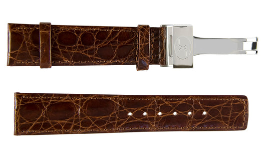 Xezo - Brown Crocodile Leather Band for Watches - 20 mm with Xezo logo engraved stainless steel clasp