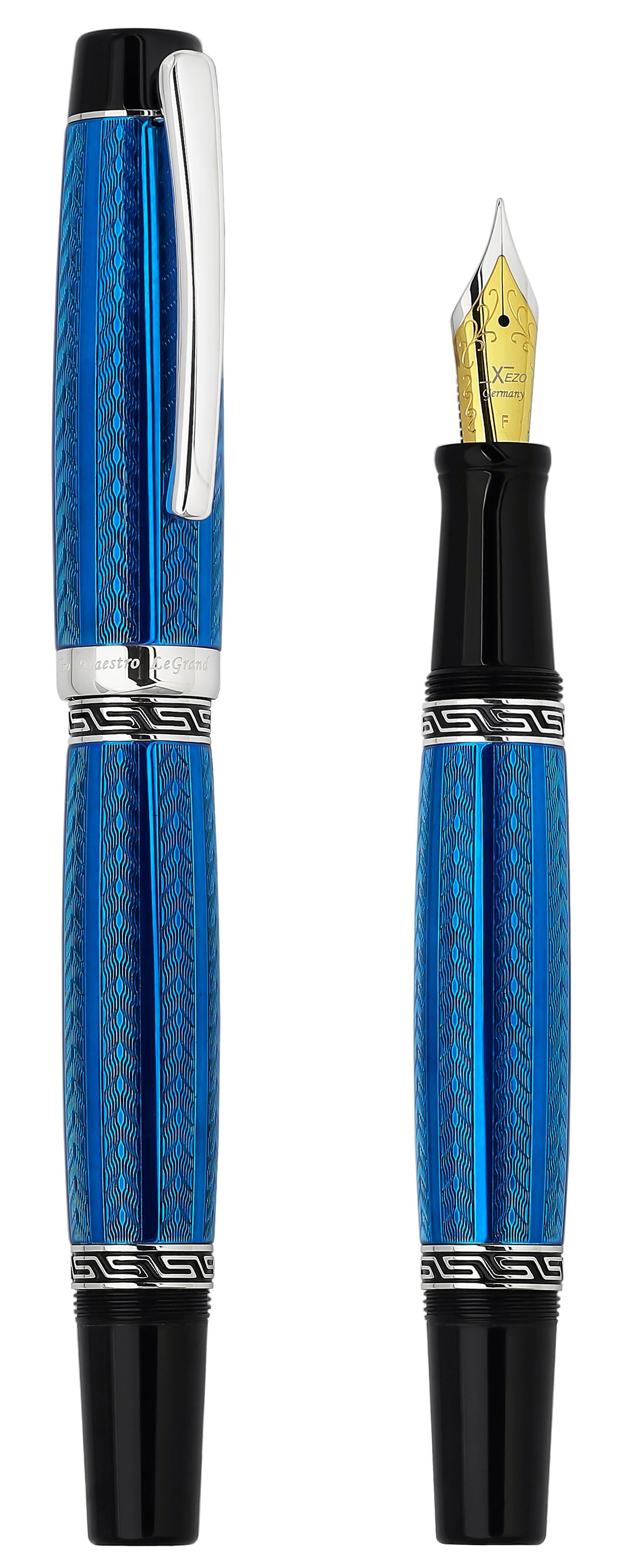 Xezo – Comparison between 3/4 view of the capped and uncapped Maestro LeGrand Tanzanite F fountain pens