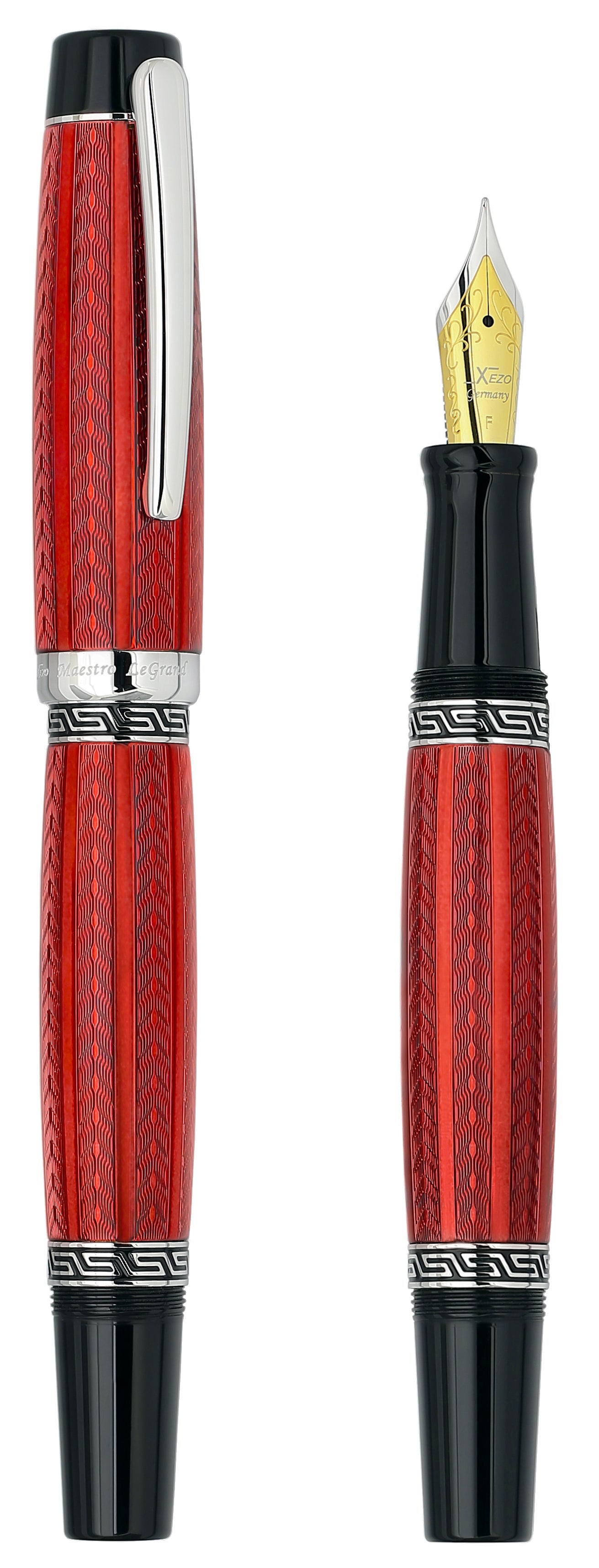 Xezo – Comparison between 3/4 view of the capped and uncapped Maestro LeGrand Rhodochrosite F fountain pen