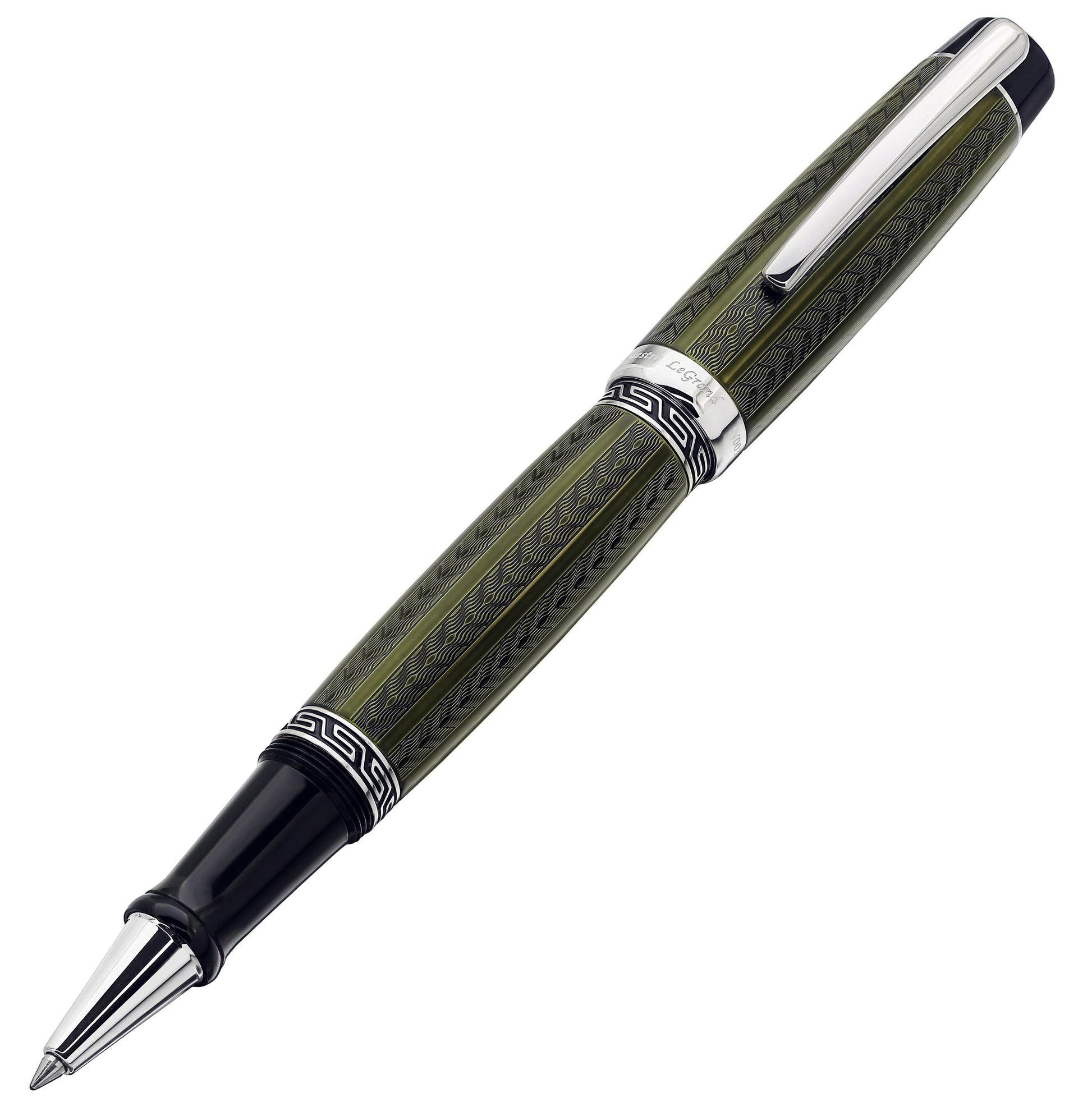 Xezo - Angled front view of the Maestro LeGrand Moldavite R rollerball pen
