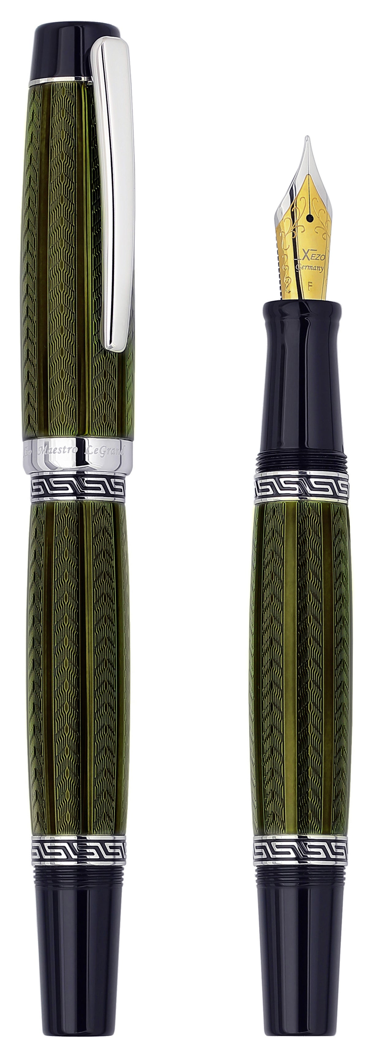 Xezo – Comparison between 3/4 view of the capped and uncapped Maestro LeGrand Moldavite F fountain pen