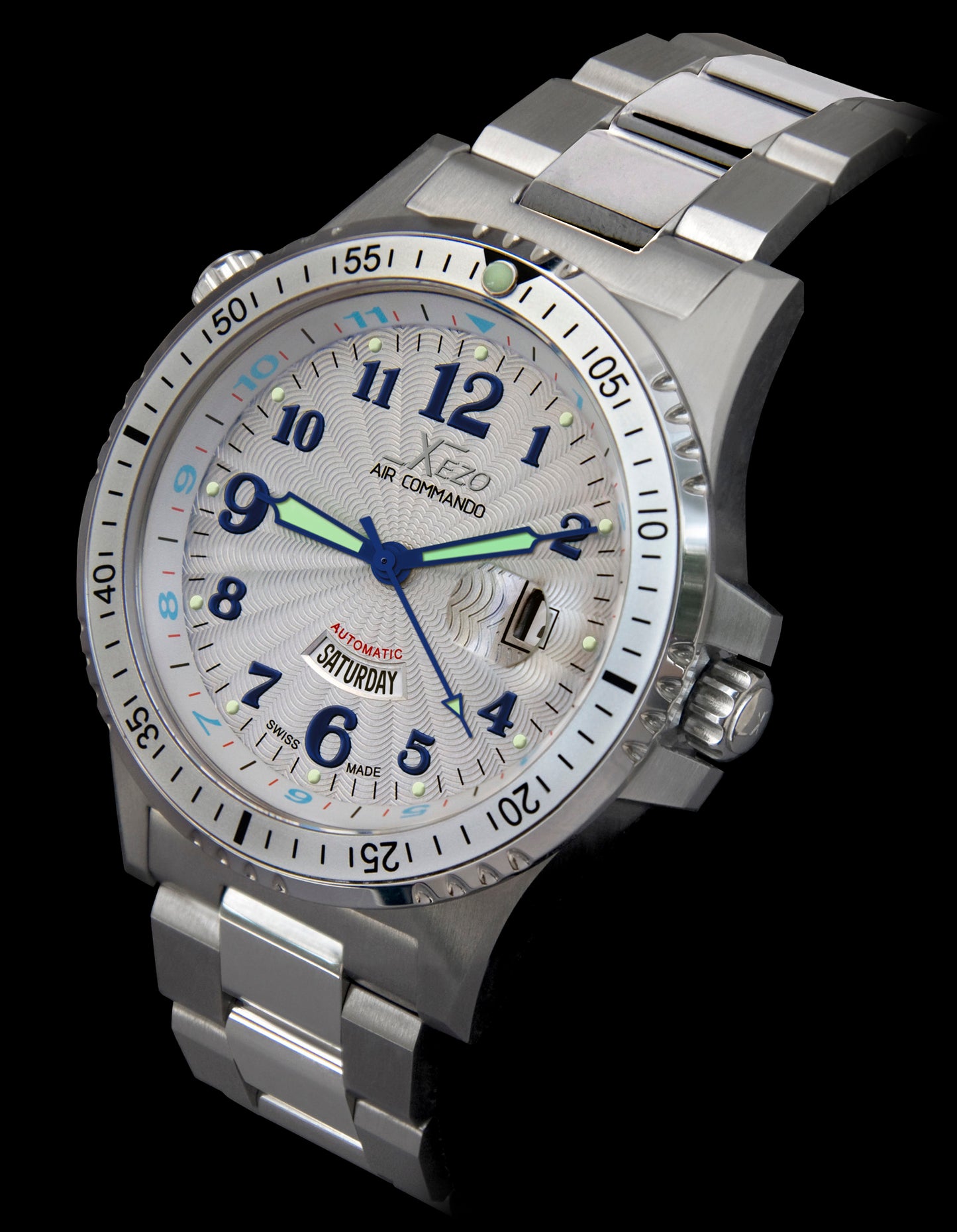 Xezo - Angled view of the front of the Air Commando D44 S (Silver Guilloché dial) watch