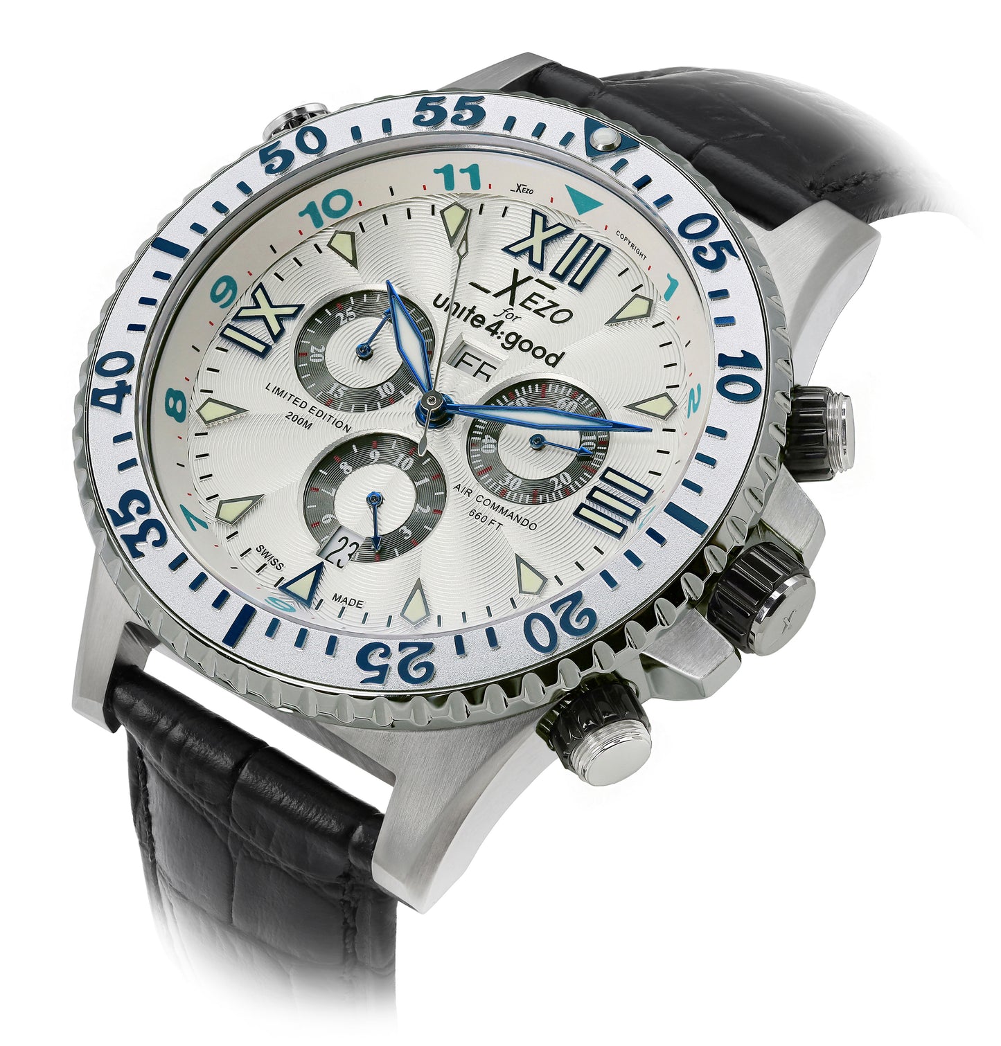 Xezo - Angled view of the front of the Air Commando D45-SL watch with black leather strap