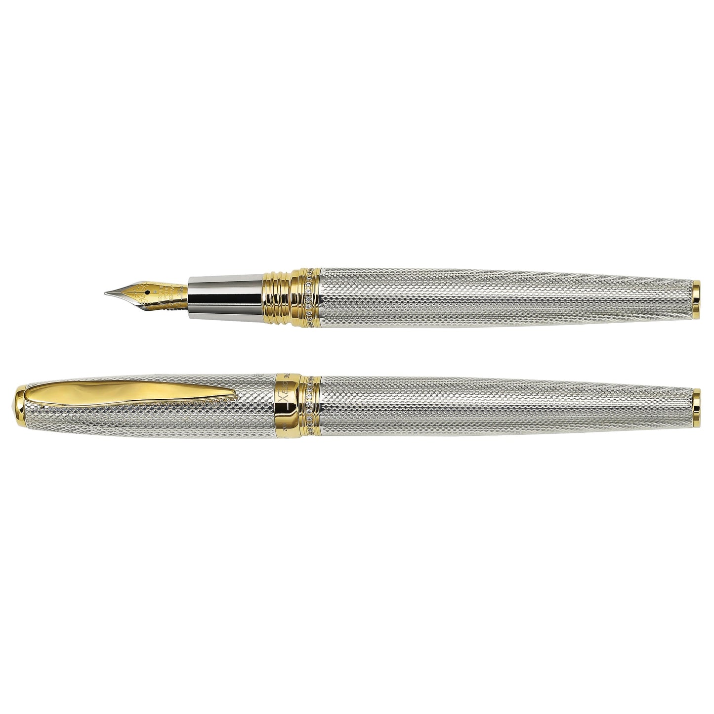 Xezo - Comparison between the angled view of the side of capped and uncapped Maestro 925 Sterling Silver F-2 fountain pens