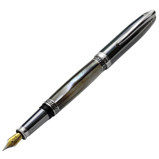Xezo - Angled front view of the Maestro Black MOP Tungsten F-PL fountain pen