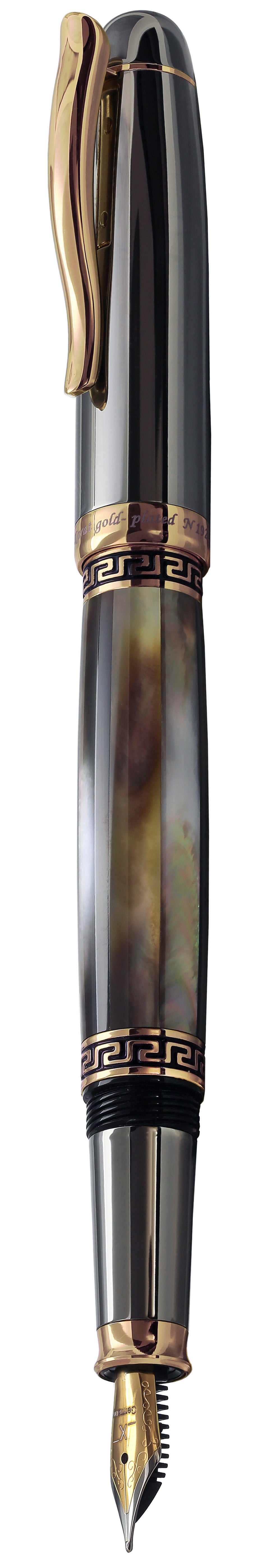 Xezo - Angled view of the side of the Maestro Black MOP Tungsten F-2 fountain pen