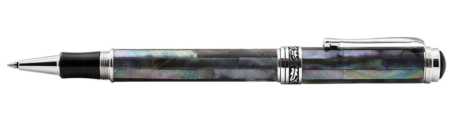 Xezo - Side view of a Maestro rollerball pen with platinum-plated rollerball tip and black grip section