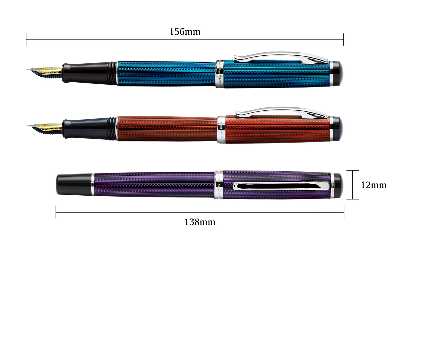 Xezo - Comparison between two uncapped Incognito fountain pens and a capped Incognito fountain pen. The uncapped Incognito fountain pens measure 156mm in length and the capped Incognito fountain pen measures 138 in length and 12mm in width