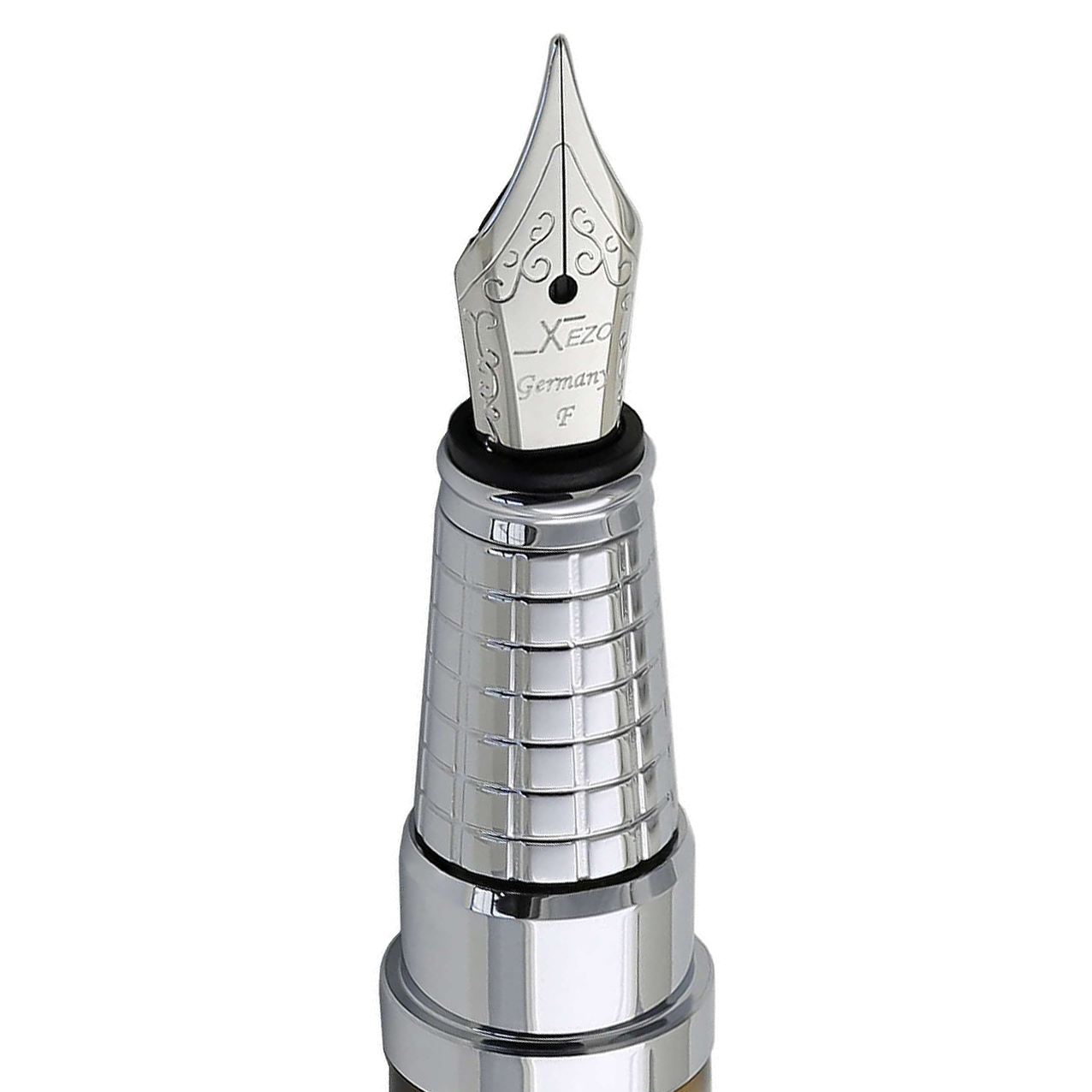 Xezo – Angled view of the front of a Fine Fountain Nib – with stainless steel body and grip – Compatible with Urbanite fountain pen series. The body of the nib has motif patterns.