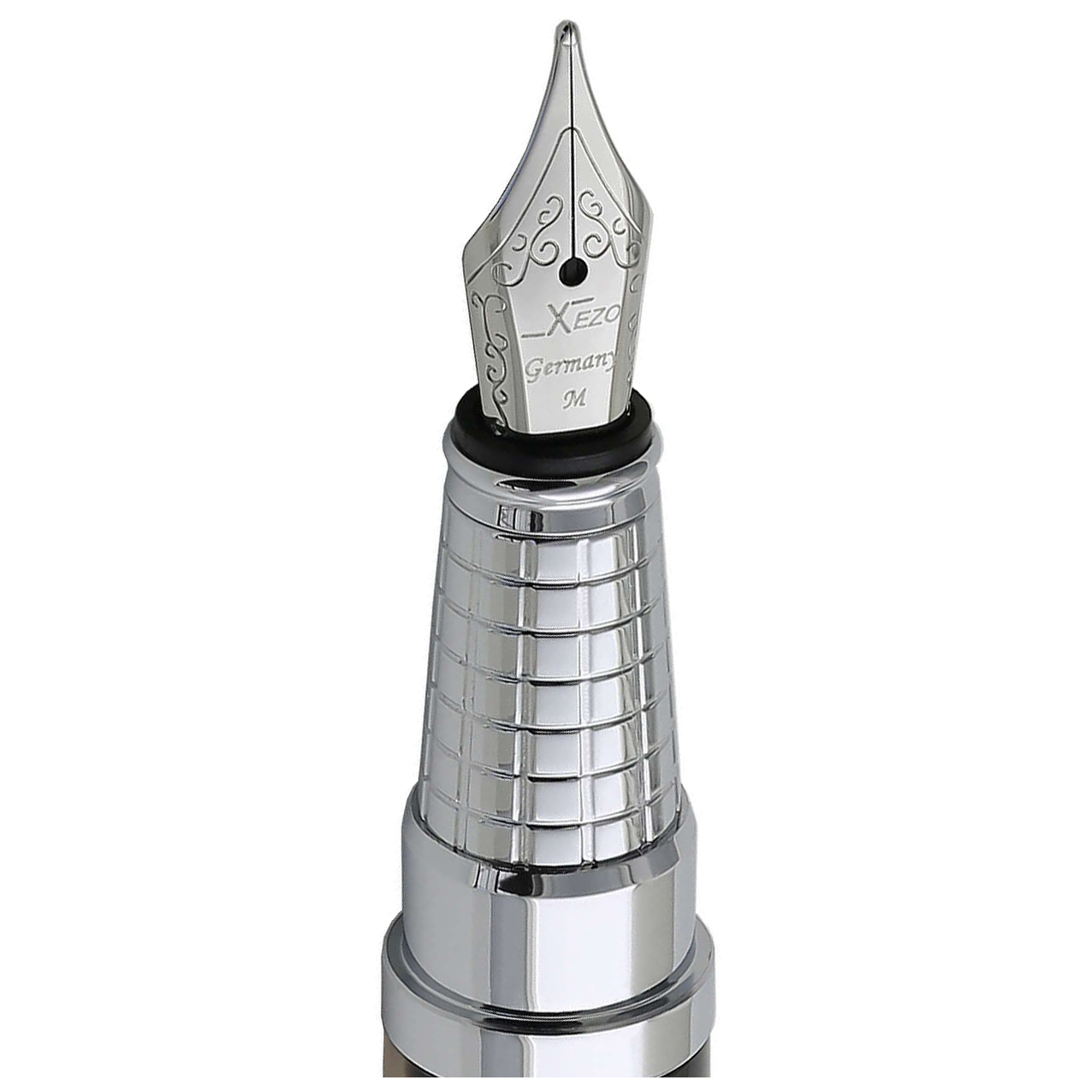 Xezo - Angled view of the front of the Medium Fountain Nib with stainless steel body - Compatible with Urbanite series fountain pens. The body of the nib has motif patterns.