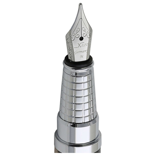 Xezo - Angled view of the front of the Medium Fountain Nib with stainless steel body - Compatible with Urbanite series fountain pens. The body of the nib has motif patterns.