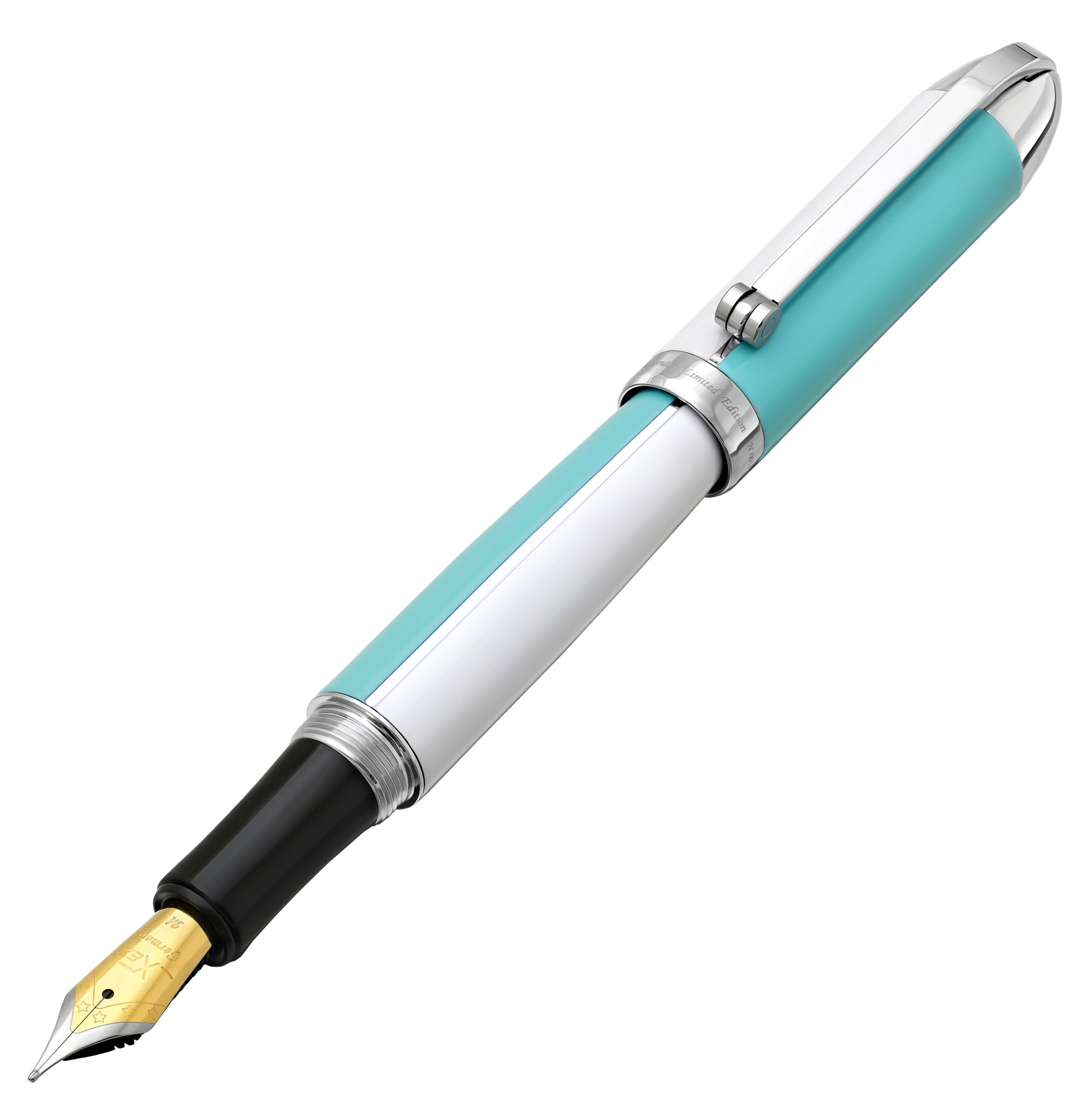 Xezo - Angled 3D view of the front of the Visionary Sky Blue/White FM Fountain pen