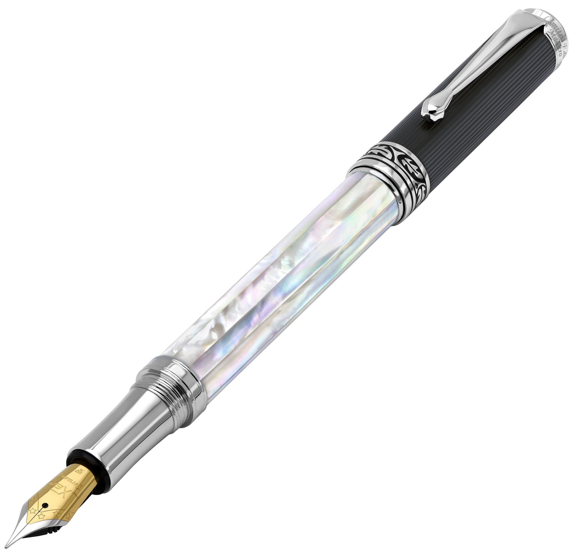 Xezo - Angled 3D view of the front of the Maestro White MOP PVD F Fountain pen