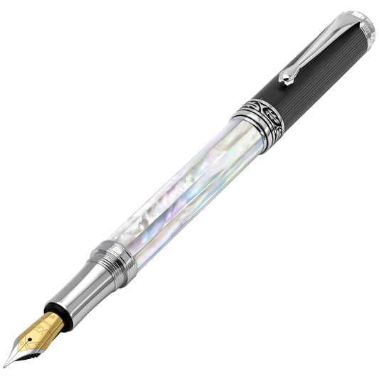 Xezo - Angled 3D view of the front of the Maestro White MOP PVD F Fountain pen