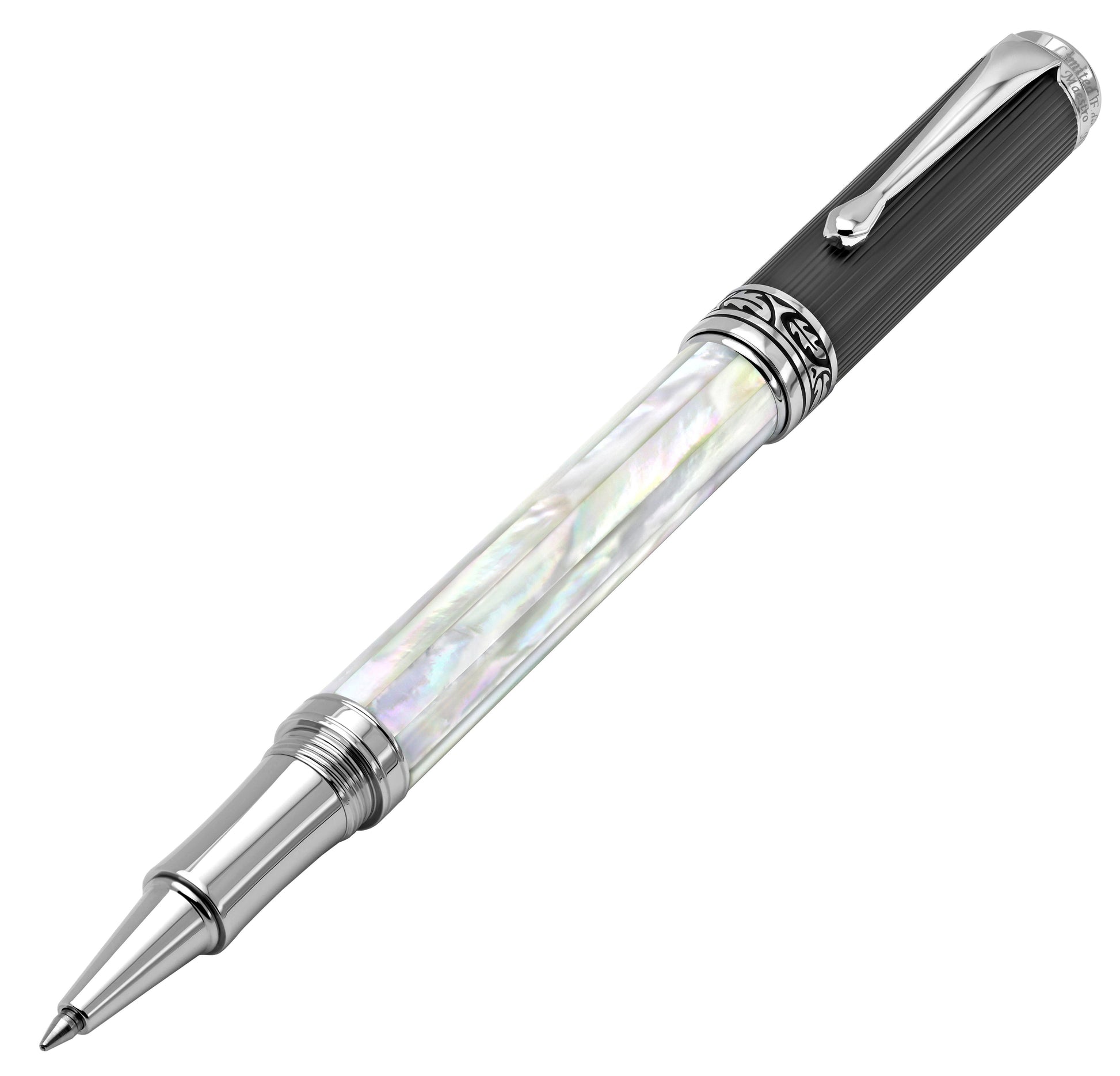 Angled 3D view of the front of the Maestro White MOP PVD R rollerball pen