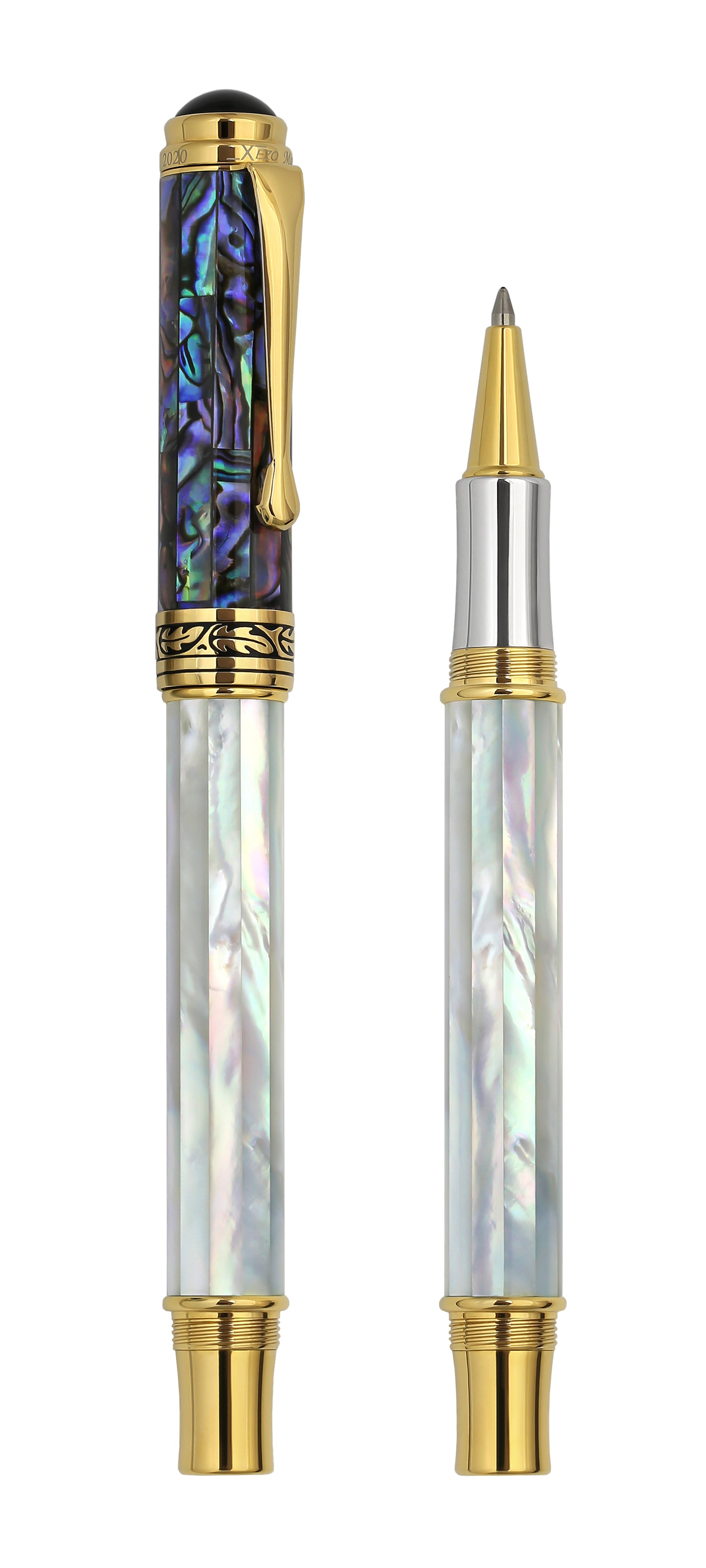Xezo - Vertical view of two Maestro MOP Sea Shell R Rollerball pens; the one on the left is capped, and the one on the right is uncapped