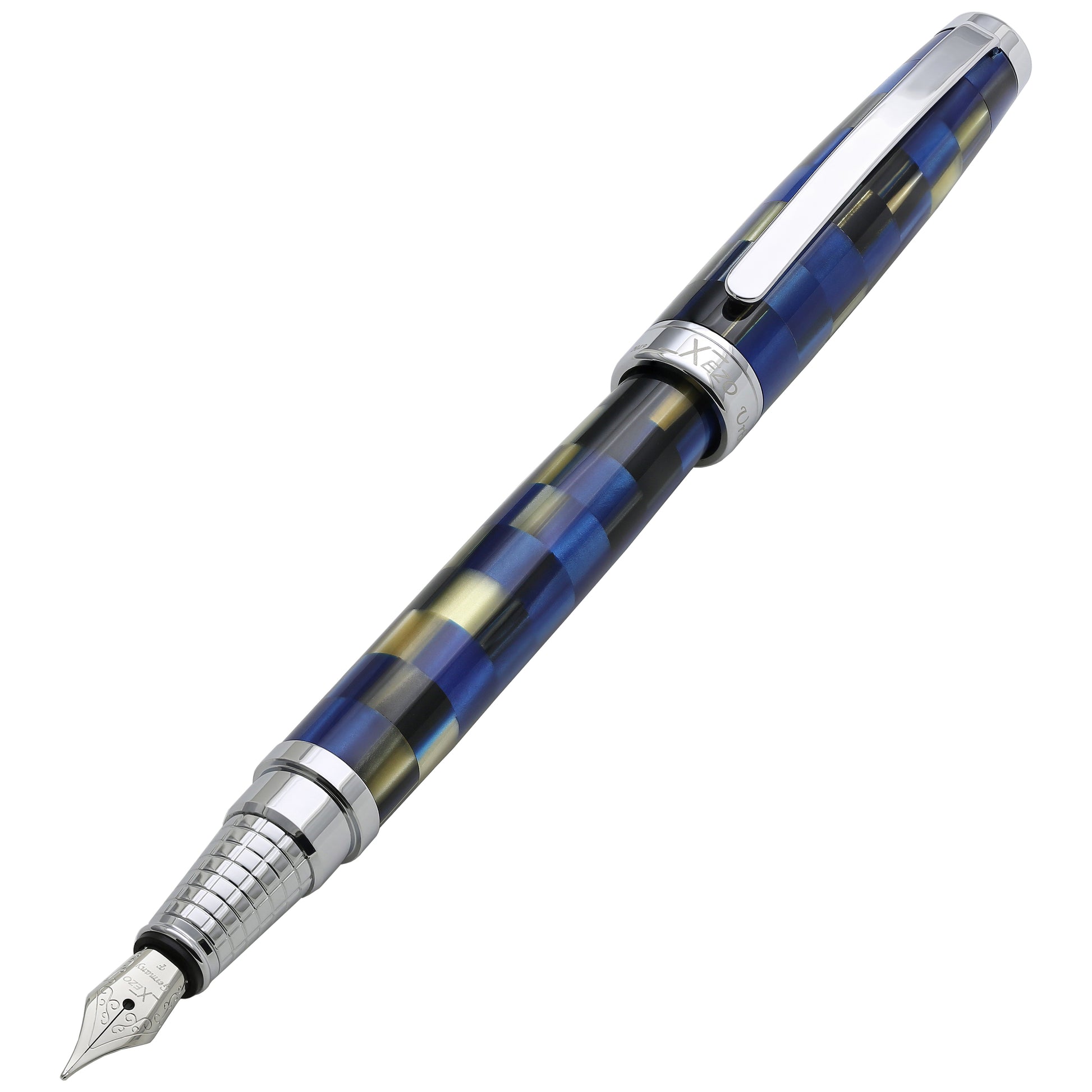 Xezo - Angled 3D view of the front of the Urbanite Blue F fountain pen