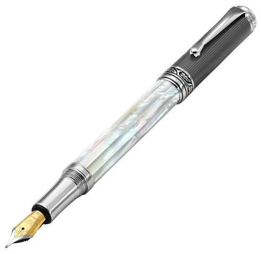 Angled 3D view of the front of the Maestro White MOP PVD B ballpoint pen