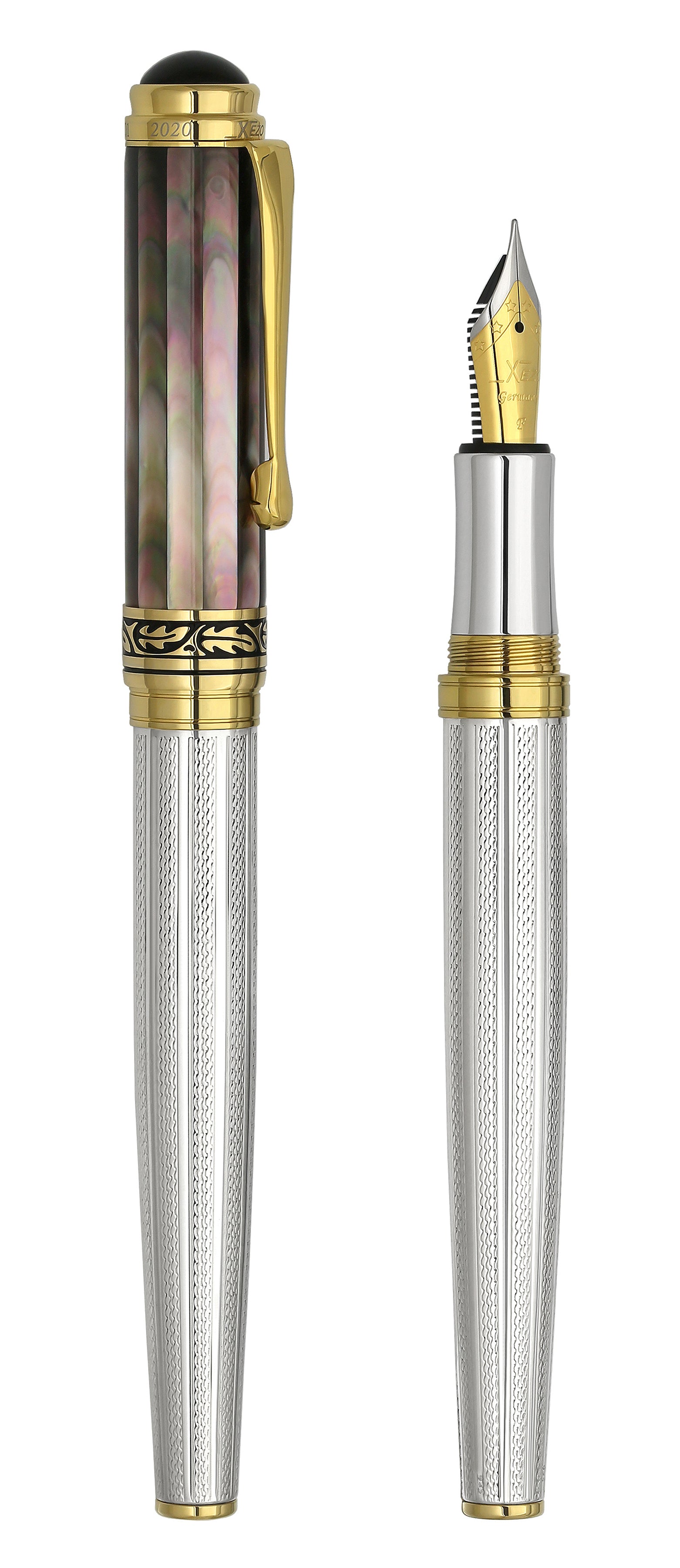 Xezo - Vertical view of two Maestro 925 BL MOP FG Fountain pens; the one on the left is capped, and the one on the right is uncapped