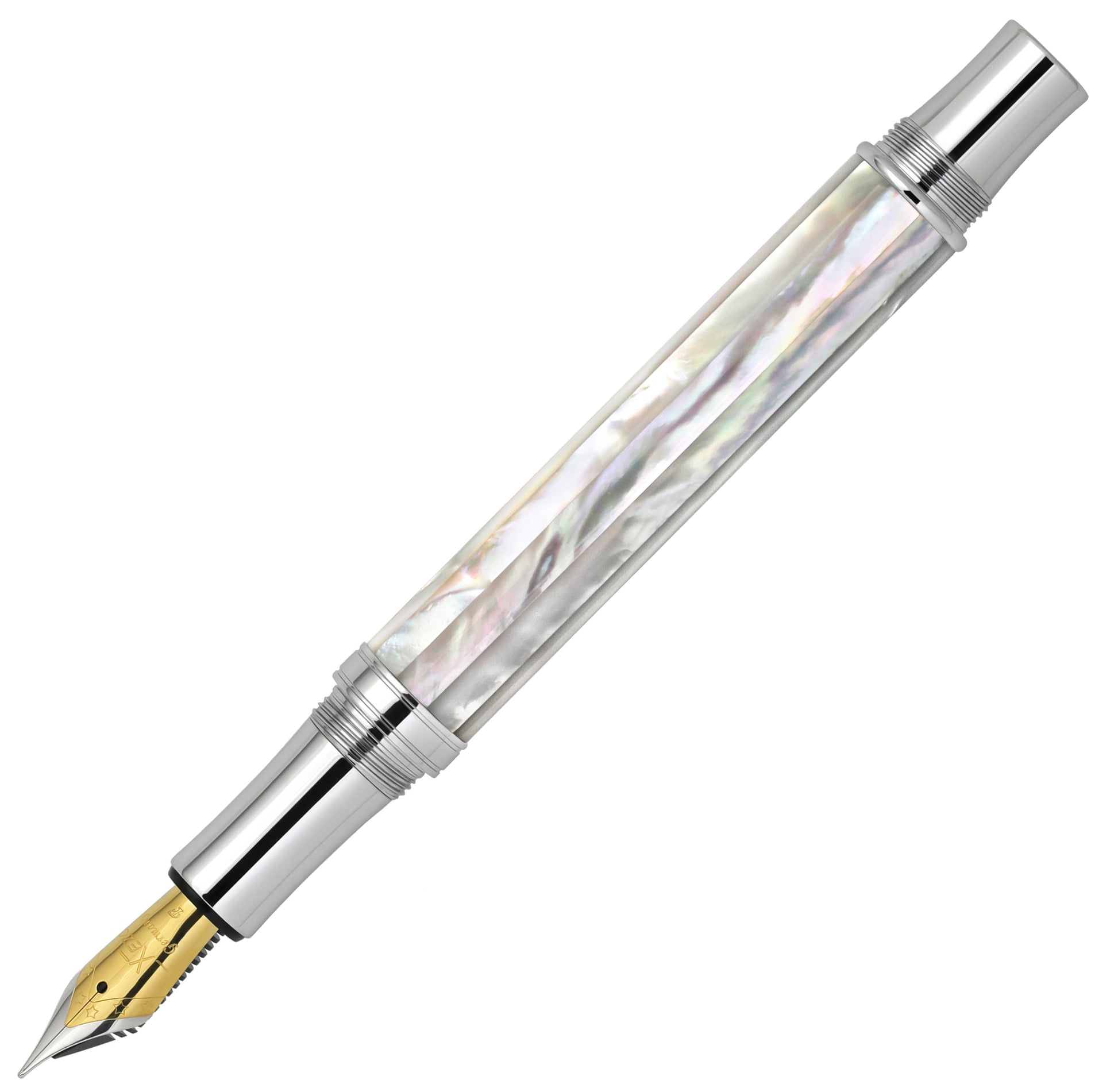 Xezo - Maestro White MOP PVD F Fountain Pen side view with cap removed