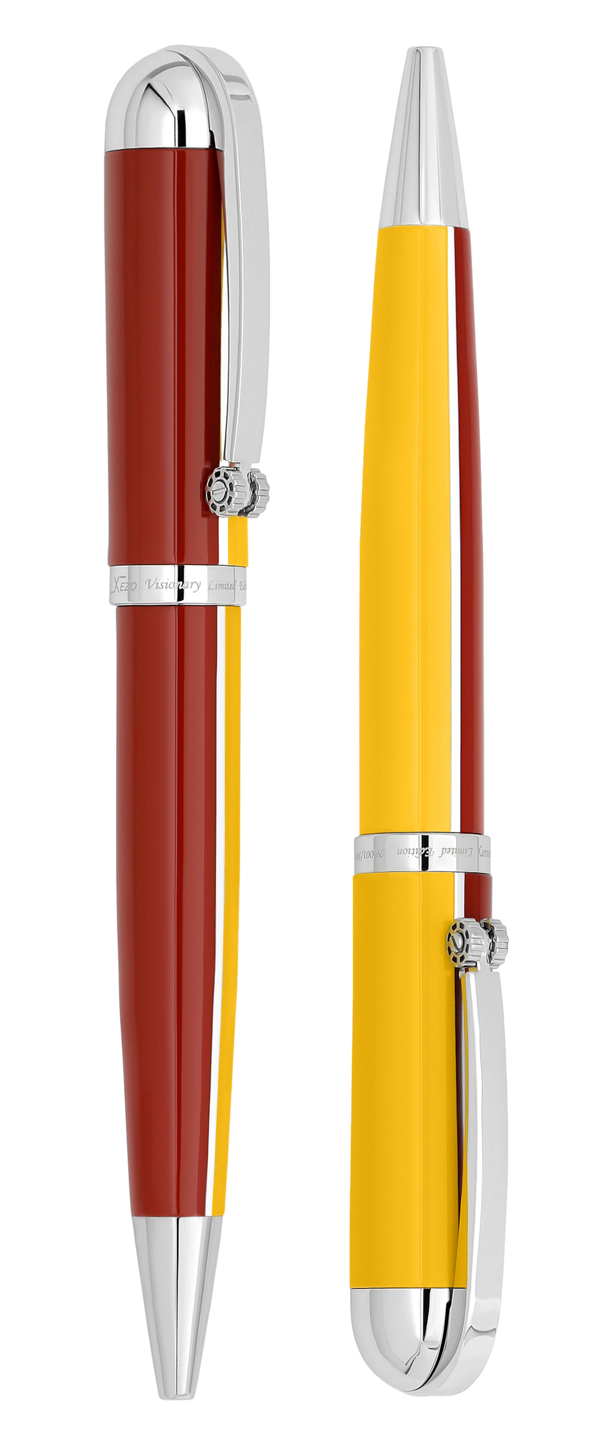 Xezo - Vertical view of two Visionary Aspen/Red B Ballpoint pens; the one on the left has the point in, and the one on the right has the point out