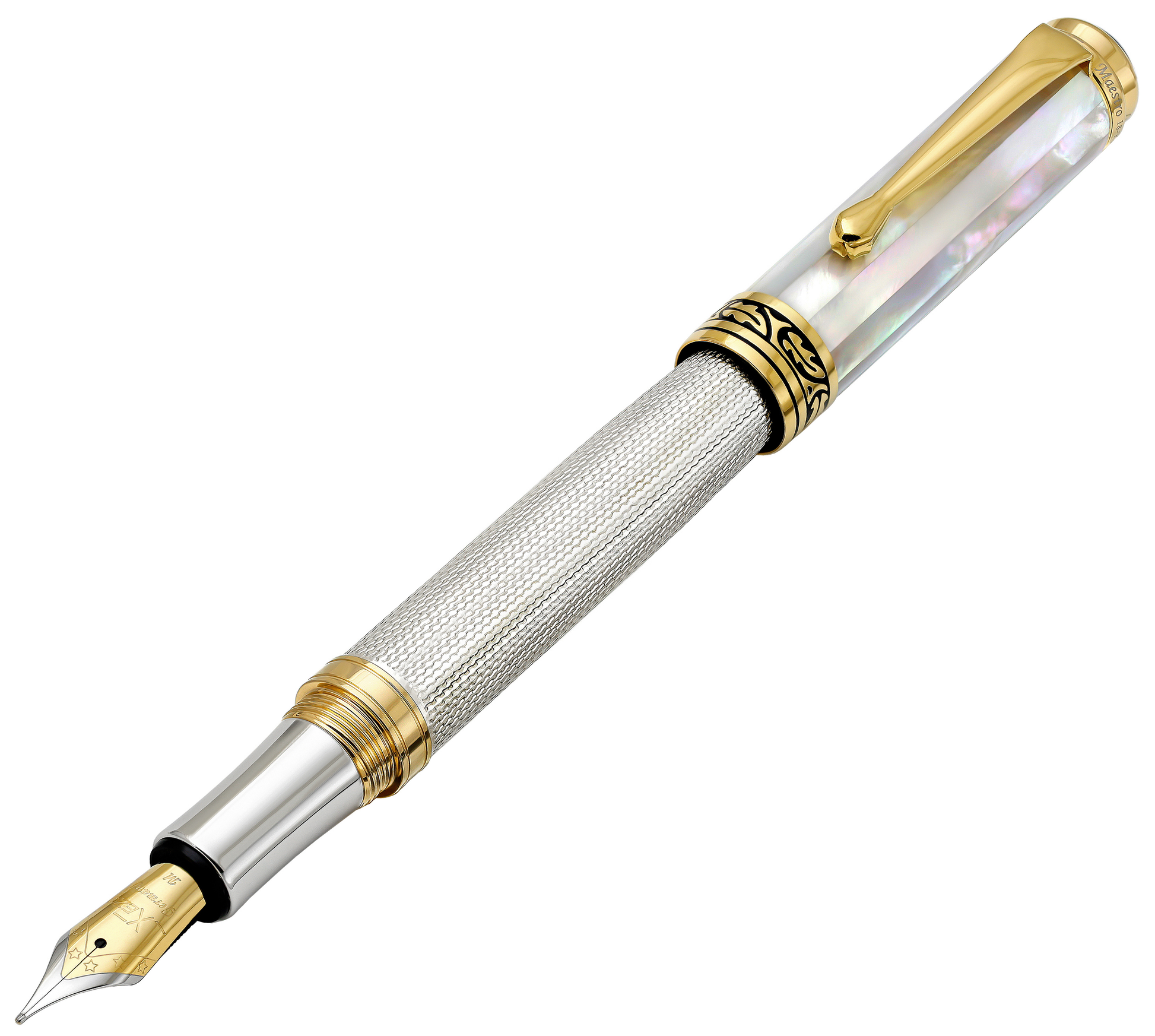 Xezo - Angled 3D view of the front of the Maestro 925 White MOP FM Fountain pen