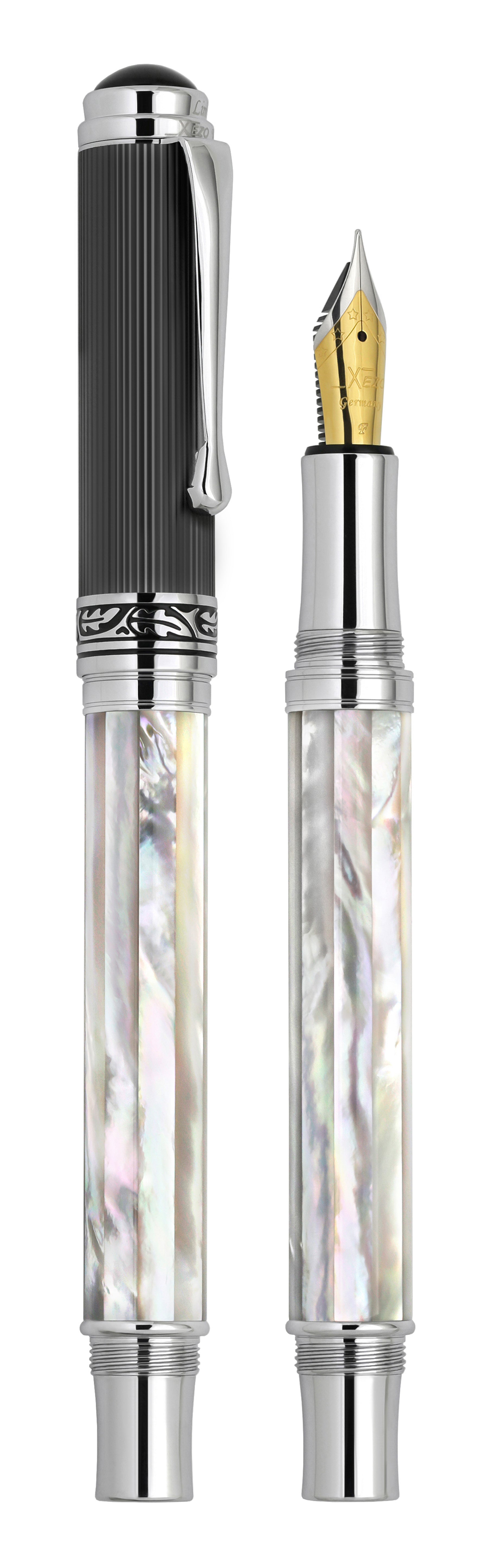 Xezo - Vertical view of two Maestro White MOP PVD F Fountain pens; the one on the left is capped, and the one on the right is uncapped