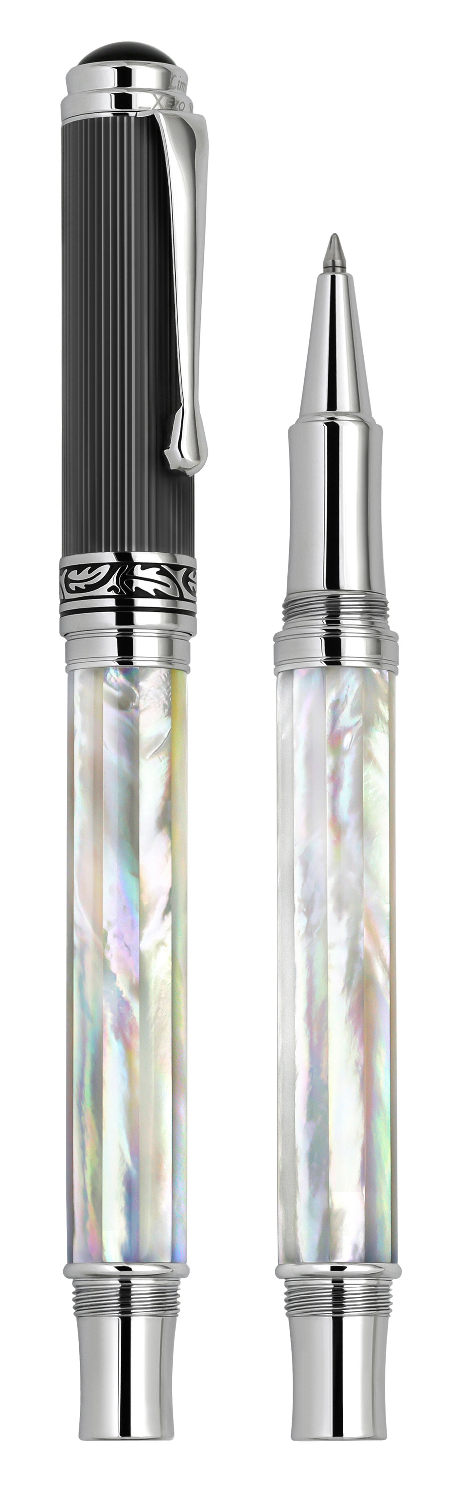 Vertical view of two Maestro White MOP PVD R rollerball pens; the one on the left is capped, and the one on the right is uncapped