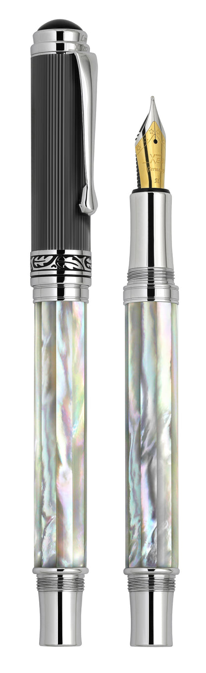 Vertical view of two Maestro White MOP PVD B ballpoint pens; the one on the left is capped, and the one on the right is uncapped