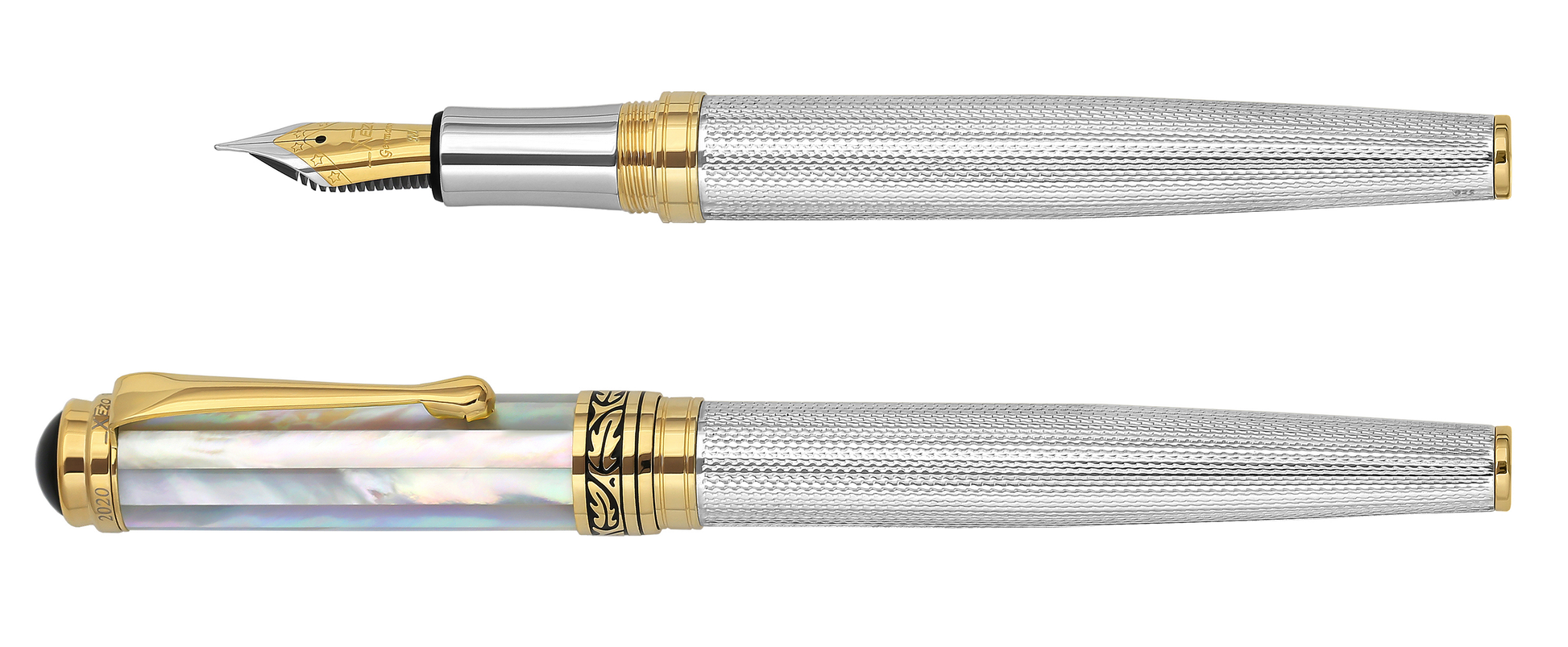 Xezo - Vertical view of two Maestro 925 White MOP FM Fountain pens; the one on the left is capped, and the one on the right is uncapped