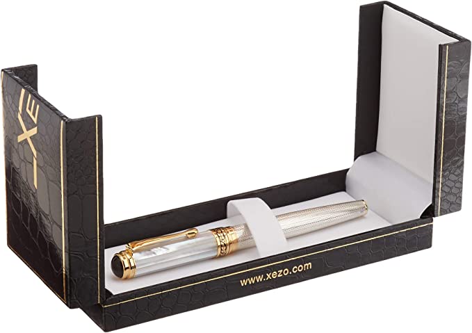 Xezo - Maestro 925 White MOP FM Fountain pen resting inside clamshell Gift Box