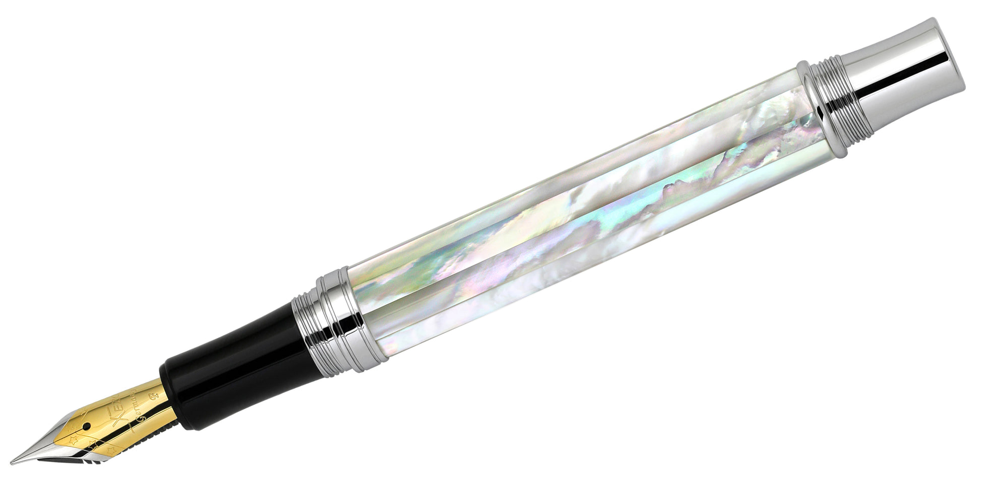 Xezo - Side view of the Maestro All White MOP Chrome F Fountain pen, uncapped