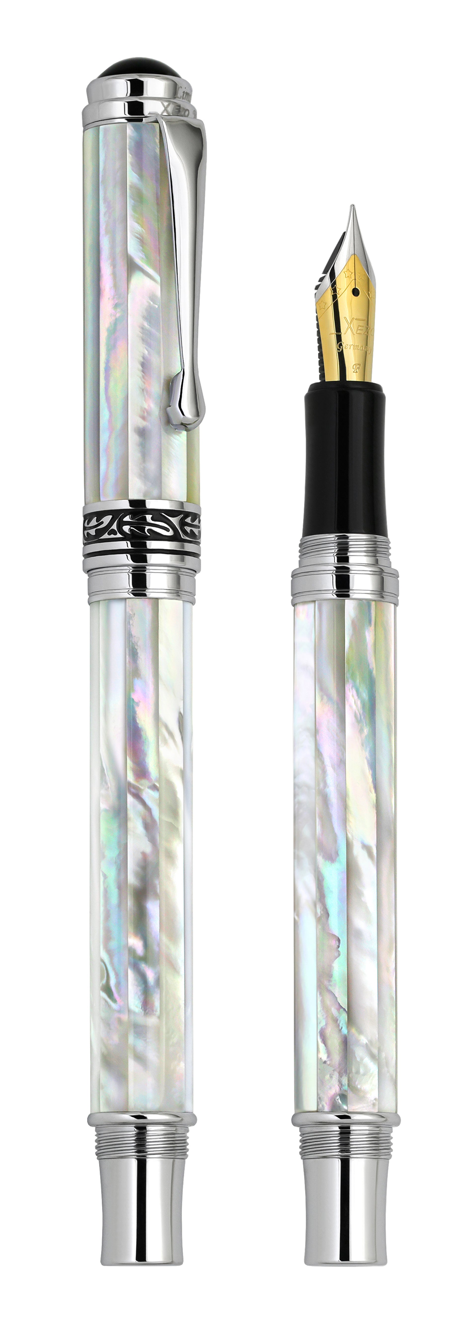 Xezo - Vertical view of two Maestro All White MOP Chrome F Fountain pens; the one on the left is capped, and the one on the right is uncapped
