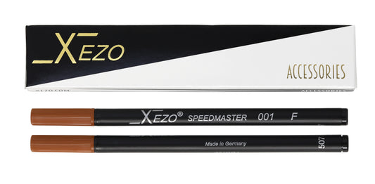 Xezo Speedmaster 001 F eyebrow pencil and its packaging box, showing the brown pigment tip and black barrel of the pencil against a white background.